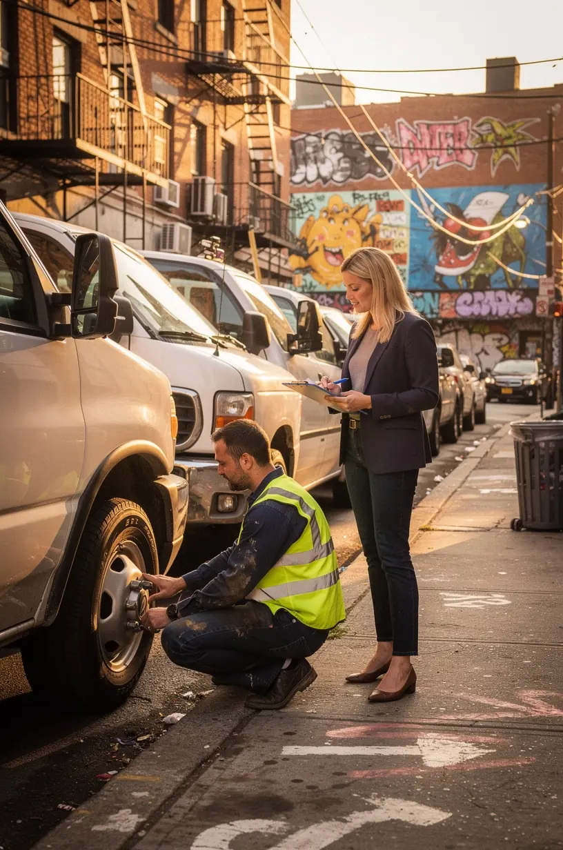 Expert mechanic explaining tire and wheel inspection results to a customer in a repair shop environment