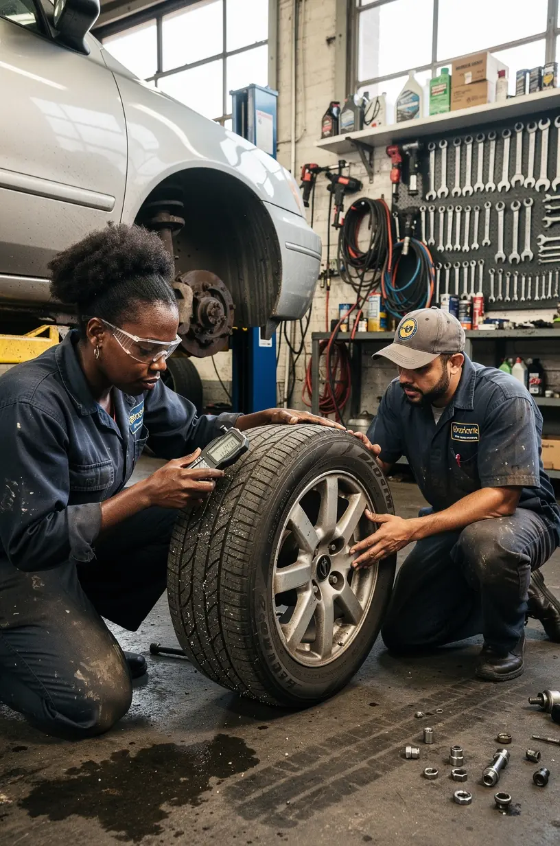 Professional aligning car wheels using specialized equipment to ensure proper tire alignment